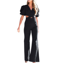 Dames denim tuinbroek met wijde pijpen, zwart