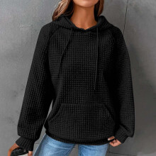 Waffelstrick-Kapuzenpullover für Damen, lässiger Pullover mit langen Ärmeln, Kordelzug und Tasche, Schwarz, XXL