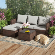 (Brown) BIRCHTREE Rattan Garden Furniture Set Corner Sofa Glass Table Patio 5 Pieces 01