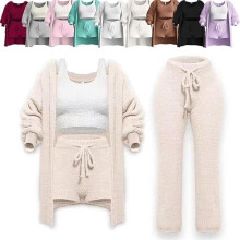 Conjunto de pijama feminino de 4 peças em malha: conjunto de moletom ultramacio com cardigã felpudo, top cropped sem mangas e shorts de cintura
