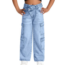 Girls Distressed Denim Cargo Pants With Elastic Waist Multiple Pockets Loose Fit Comfortable Summer Trousers For Teens