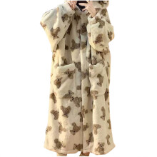 Winterse pluizige damespyjama met capuchon en berenprint - Zakken, knoopsluiting aan de voorkant, plus size pyjama loungewear (M-2XL)