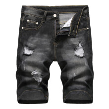 Pantalones cortos vaqueros para hombre de alta gama, con estampado de camuflaje y rasgados, estilo moderno. Pantalones cortos vaqueros negros.