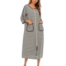 Dames nachtjapon met 3/4 mouwen, katoenen, losse pasvorm, ritssluiting aan de voorkant, gestreept, lange ochtendjas met zakken, loungewear, maten