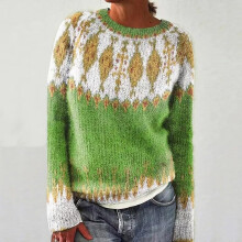 Pulls pour femmes en maille jacquard à imprimé îlot rétro, col rond ample, manches longues, vert