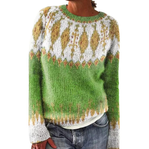 Damenpullover mit Inselmuster, Retro-Stil, lockerer Rundhalsausschnitt, lange Ärmel, grün 1