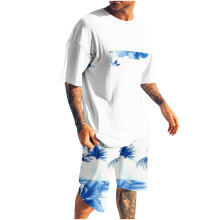 Conjunto de shorts masculino, conjunto de 2 peças, blusa esportiva slim com estampa, gola redonda, cintura elástica e manga curta com gola redonda.