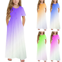 Vestidos de verão para adolescentes e meninas, tamanhos 10 a 12, cor degradê, manga curta, gola redonda, bolsos, idades de 4 a 14 anos.