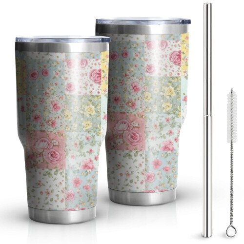30oz Vakuumisolierter Becher mit Blumenmuster und Deckel