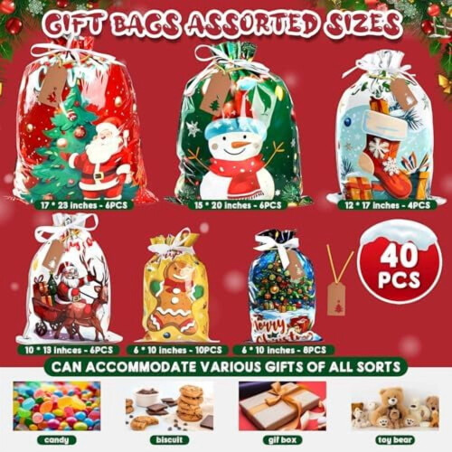 Sacs cadeaux de Noël à cordon (lot de 20) 1