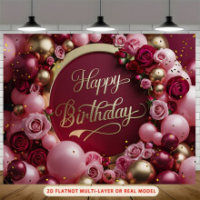 Elegant Burgundy & Pink Floral Birthday Backdrop with Balloons, Roses, Golden Confetti – Photo Booth Props & Party Decor
