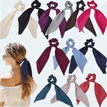 Coleteros de satén con cola y lazo, gomas elásticas para el pelo – 12 unidades de colores lisos, accesorios para el cabello para mujeres y niñas.