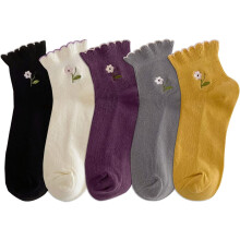 Chaussettes montantes à volants pour femmes, en maille côtelée, broderie florale festonnée, style ajouré, lot de 5 paires
