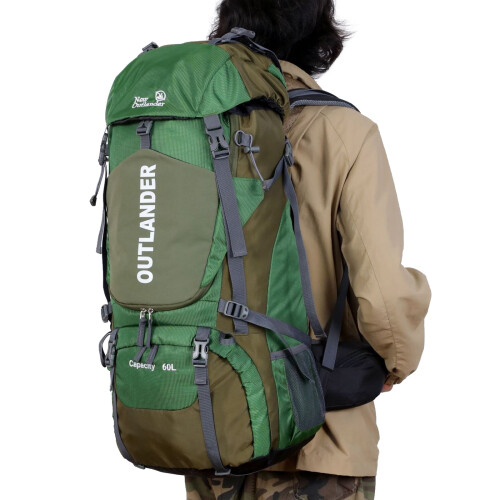 Mochila impermeável de 60 litros com duas alças, capa de chuva e compartimentos – compatível com homens e mulheres. 2