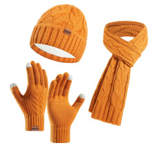 Unisex 3 PC Set Hat,Scarf and Glove Set Fall Winter Solid Color Warm Comfortable Soft Knit Outdoor Set(Yellow,Free Size)