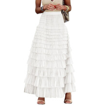 Saia longa feminina de tule, modelo evasê com babados e camadas, cintura alta, estilo fada, maxi saia tutu.