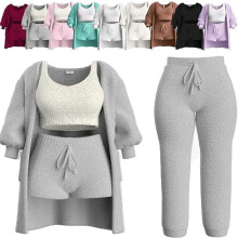 Dames 4-delige gebreide pyjamaset: ultrazachte fleece loungeset met pluche vest, mouwloze crop top en shorts met hoge taille