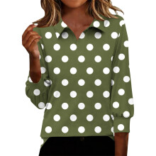 Damen-Top, lässiges bedrucktes V-Ausschnitt-Top mit schmalen 3/4-Ärmeln für den Herbst, gepunktete Bluse mit Reverskragen für Damen.