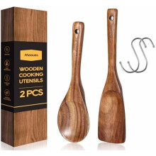 Teak Wooden Spoon Set with Holder & Rest 9-Piece