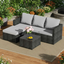 (Black) BIRCHTREE Rattan Garden Furniture Set Corner Sofa Glass Table Patio 5 Pieces 01