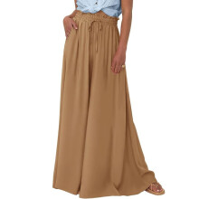 Calças de verão femininas para relaxar, com pernas largas e fluidas, cintura alta elástica, bolsos, estilo boho, calças palazzo para praia,