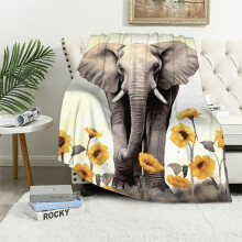 Sunflower Elephant Sherpa Throw Blanket – White, Unique Gift for Women, Compatible with Cozy Couch Decor