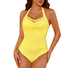 Kukoosong Damen-Badeanzug mit Neckholder, einteilig, hochtailliert, einfarbig, plissiert, mit doppelten, dünnen Trägern, für Strand und Pool