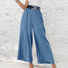 QLEICOM Women's Relaxed Fit Wide Leg Cotton-Linen Pants, Elastic Waist, Drawstring, Blue L – Compatible with Work & Casual