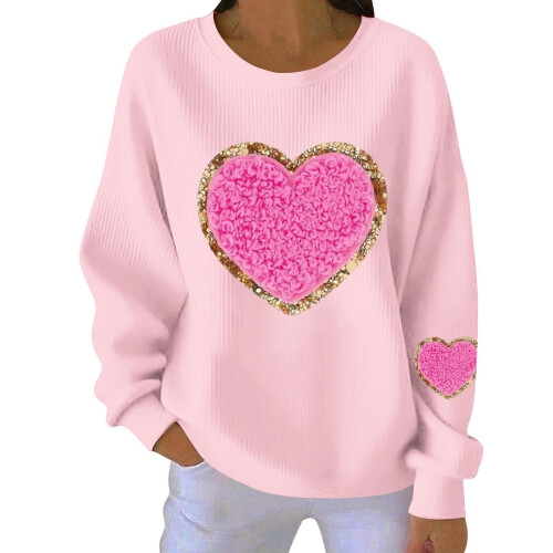 Felpa da donna a coste con scollo rotondo e cuore per San Valentino, lunga