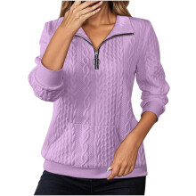 Sweat-shirt violet à col rond pour femme, pull à manches longues et demi-zip avec poches – Vêtement décontracté automne/hiver
