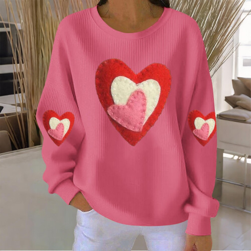Felpa da donna a coste con scollo rotondo e cuore per San Valentino, lunga 1