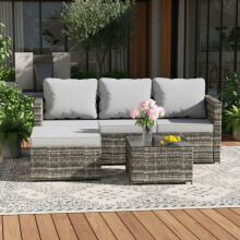 (Grey) BIRCHTREE Rattan Garden Furniture Set Corner Sofa Glass Table Patio 5 Pieces 01