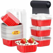 120pack 5oz Mini Cake Pans with Lids, Foil Cupcake Cups Small Brownie Baking Tins,Square Disposable Ramekins Cheesecake Containers for Christmas-Red
