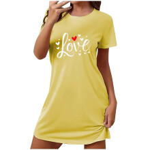 Große Größen, süßes Nachthemd mit Print, Kurzarm, Rundhalsausschnitt, dehnbares Polyester-Spandex-Kleid, Größen S-2XL, Übergrößen für