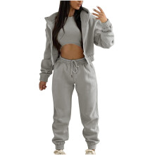 Damen-Trainingsanzug, 3-teilig, Winterkleidung, Fleece-Sweatshirt mit Kapuze, Freizeit-Sportanzug, Weste mit Kapuze, Hose, Sportanzug, Grau