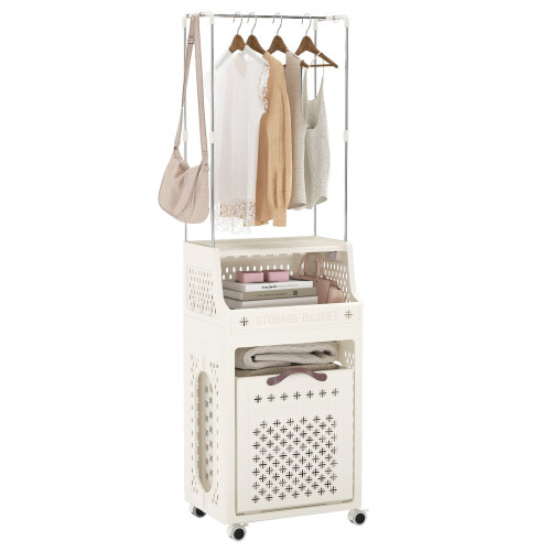 Panier à linge à roulettes avec cintre, pliable, beige, 30 L