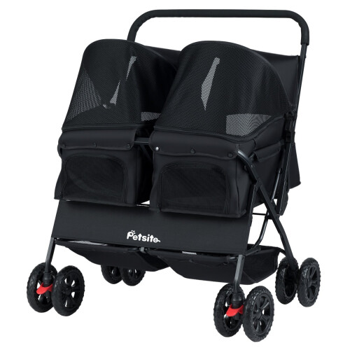 Doppelter Haustierbuggy mit verstellbarem Sonnenschutz, Schwarz