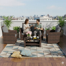 (Brown) BIRCHTREE Rattan Garden Furniture Set Armchair Sofa Glass Table Outdoor Patio 02
