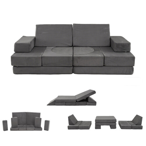 Sofá modular infantil de 12 piezas con fundas lavables, gris oscuro