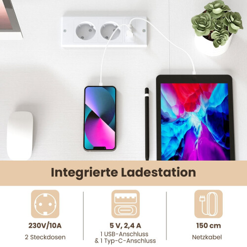 L-förmiger Schreibtisch mit Ladestation und Ablagen, Weiß 2