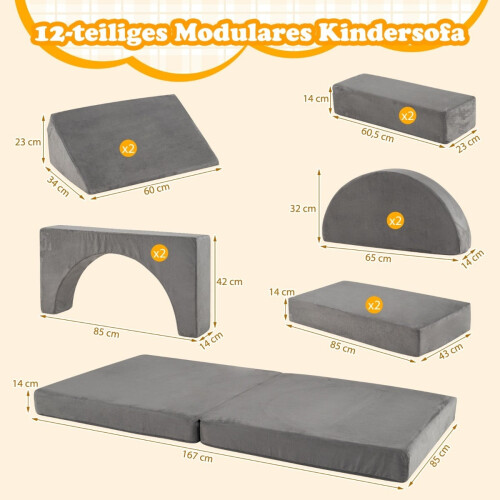 Sofá modular infantil de 12 piezas con fundas lavables, gris oscuro 1