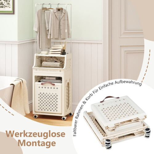 Panier à linge à roulettes avec cintre, pliable, beige, 30 L 2