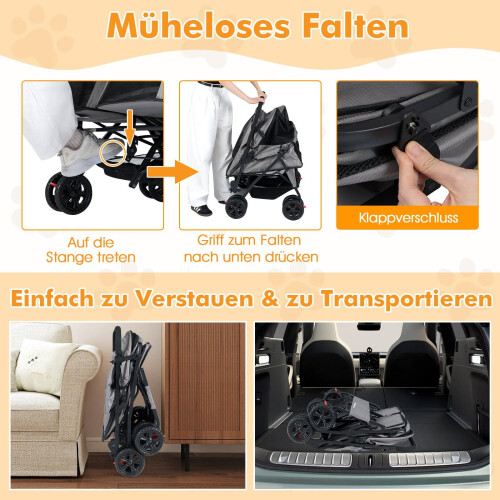 Doppelter Haustierbuggy mit verstellbarem Verdeck, Grau 1