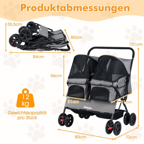 Doppelter Haustierbuggy mit verstellbarem Verdeck, Grau