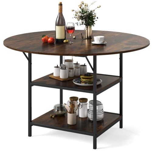 Runder Esstisch, 120 cm, 4-6 Sitzplätze, 2-stufiges Regal