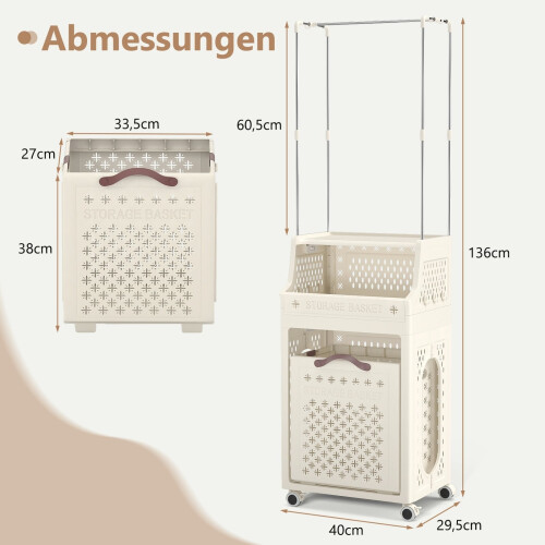 Panier à linge à roulettes avec cintre, pliable, beige, 30 L 1