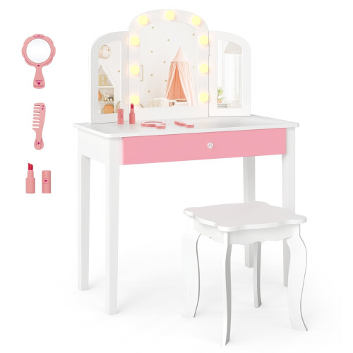 Conjunto de penteadeira infantil - Design 2 em 1, luzes de LED, branca