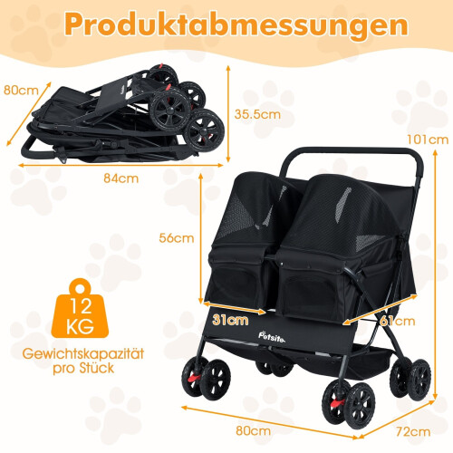 Doppelter Haustierbuggy mit verstellbarem Sonnenschutz, Schwarz 1