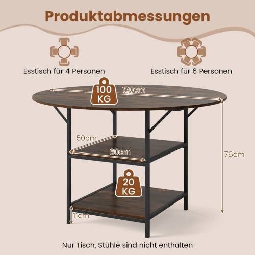 Runder Esstisch, 120 cm, 4-6 Sitzplätze, 2-stufiges Regal 1