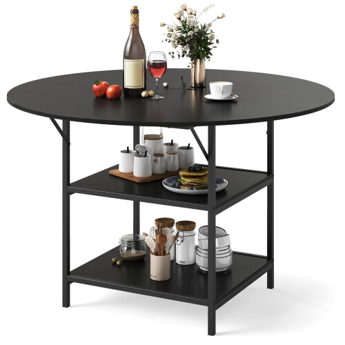 Runder Esstisch, 120 cm, 2-stufiges Regal, Metallgestell